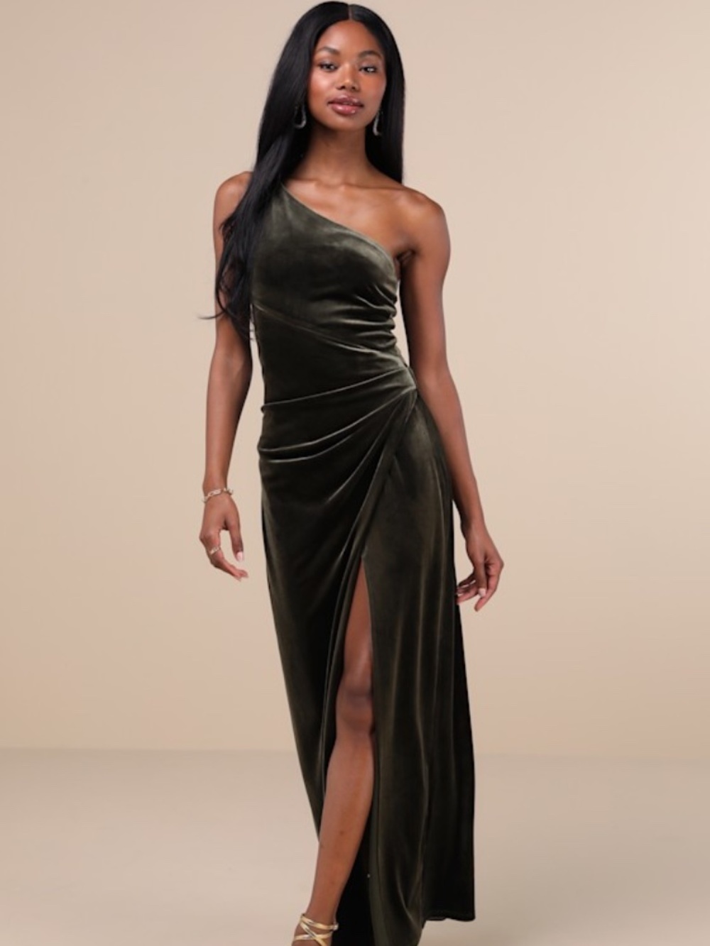NWT Lulus Elegant Era Olive Green Velvet One-shoulder Maxi Dress - Size S